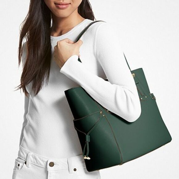 MICHAEL by Michael Kors Voyager Large Crossgrain Leather Tote Bag in Dark Green - Picture 13 of 14